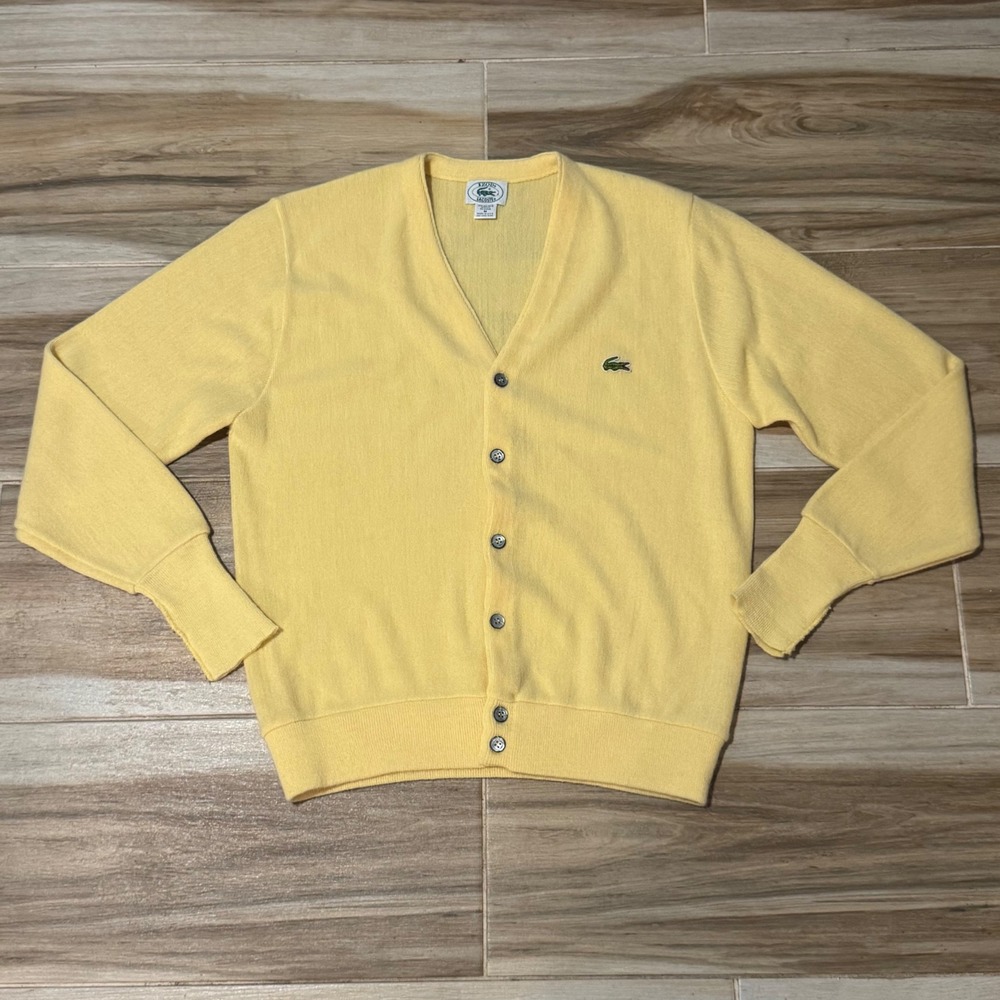 Vintage 70s Izod Lacoste Cardigan Sweater Yellow Alligator Size M USA Made